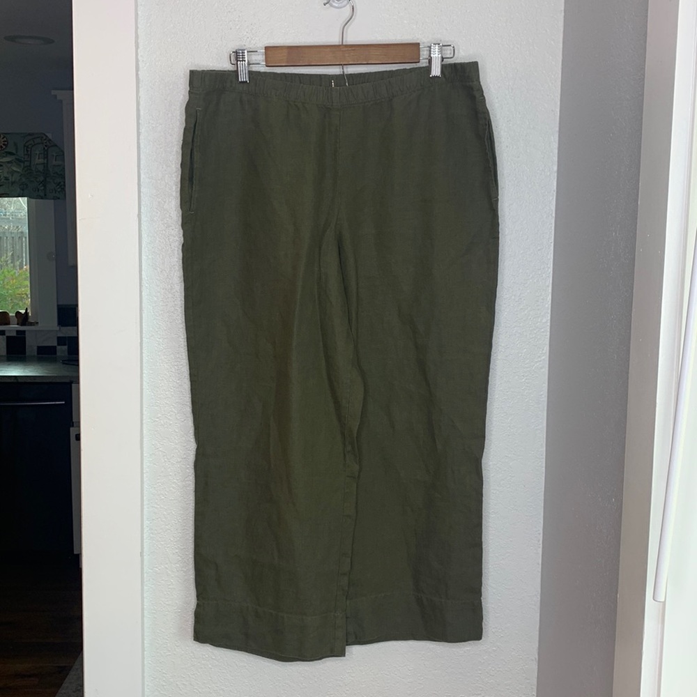 J. Jill khaki green 100% love linen cropped pants pull on pockets wide leg